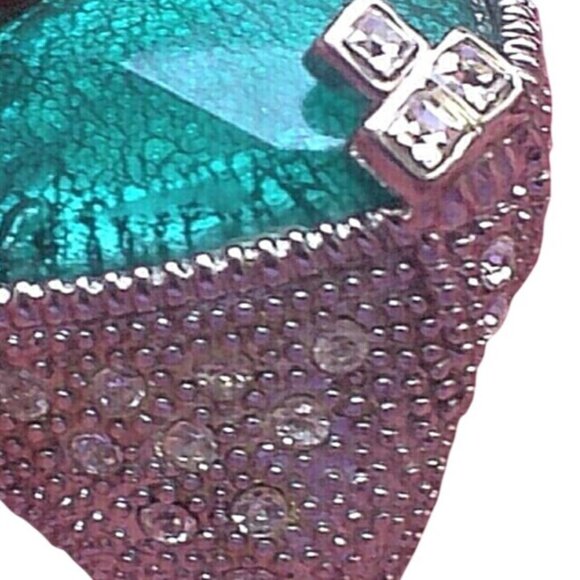 Vintage Silver-Tone Statement Ring With Emerald Green Crackled Glass Stone - Picture 2 of 4